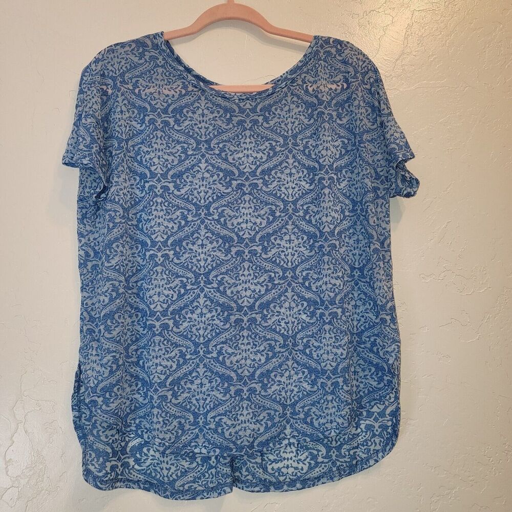 New Womens Sz S Short Sleeve Burnout T-Shirt Top Damask Blue Semi Sheer Casual